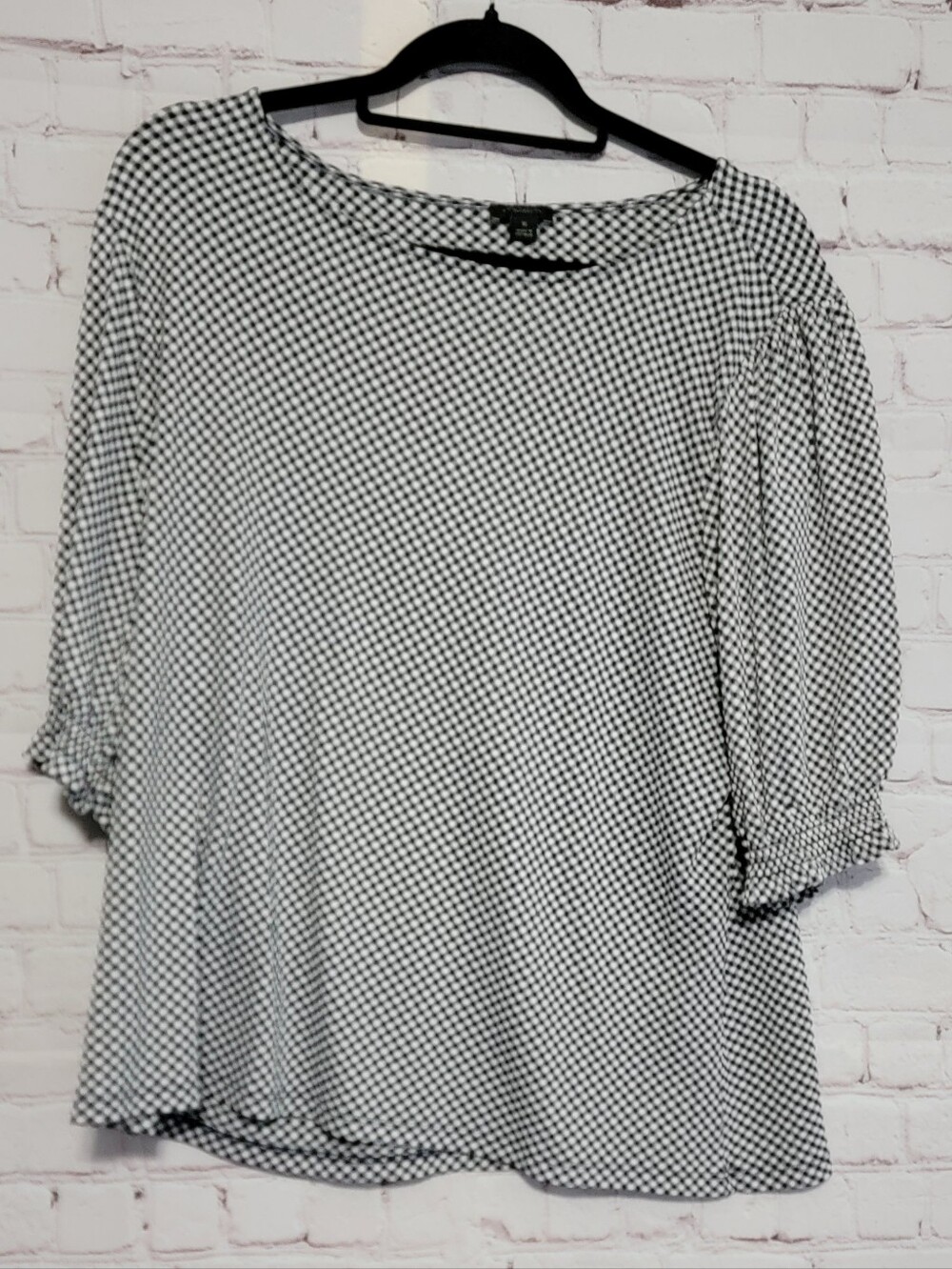 Talbots Black and White Checkered Print Puff-Sleeve Blouse XL